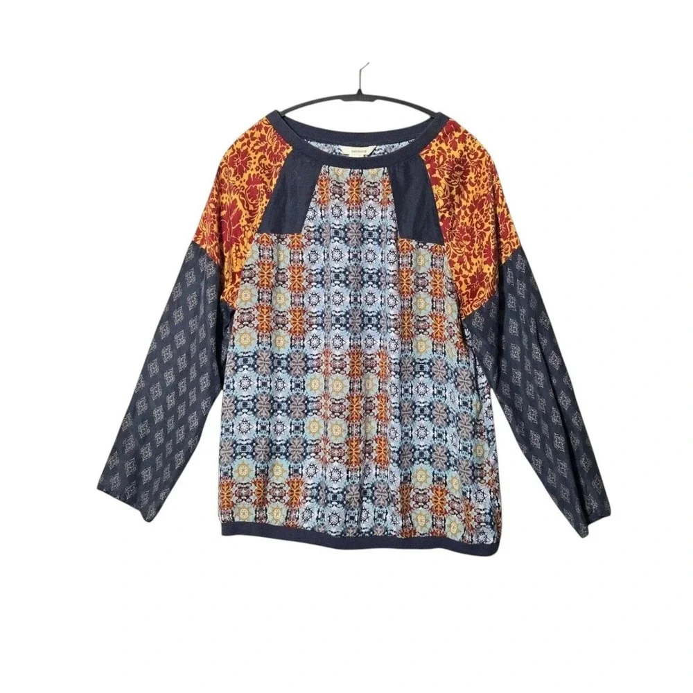 Sundance‎ Silk Long Sleeve Patchwork Blouse Top Multicolor L Fall Artsy Boho